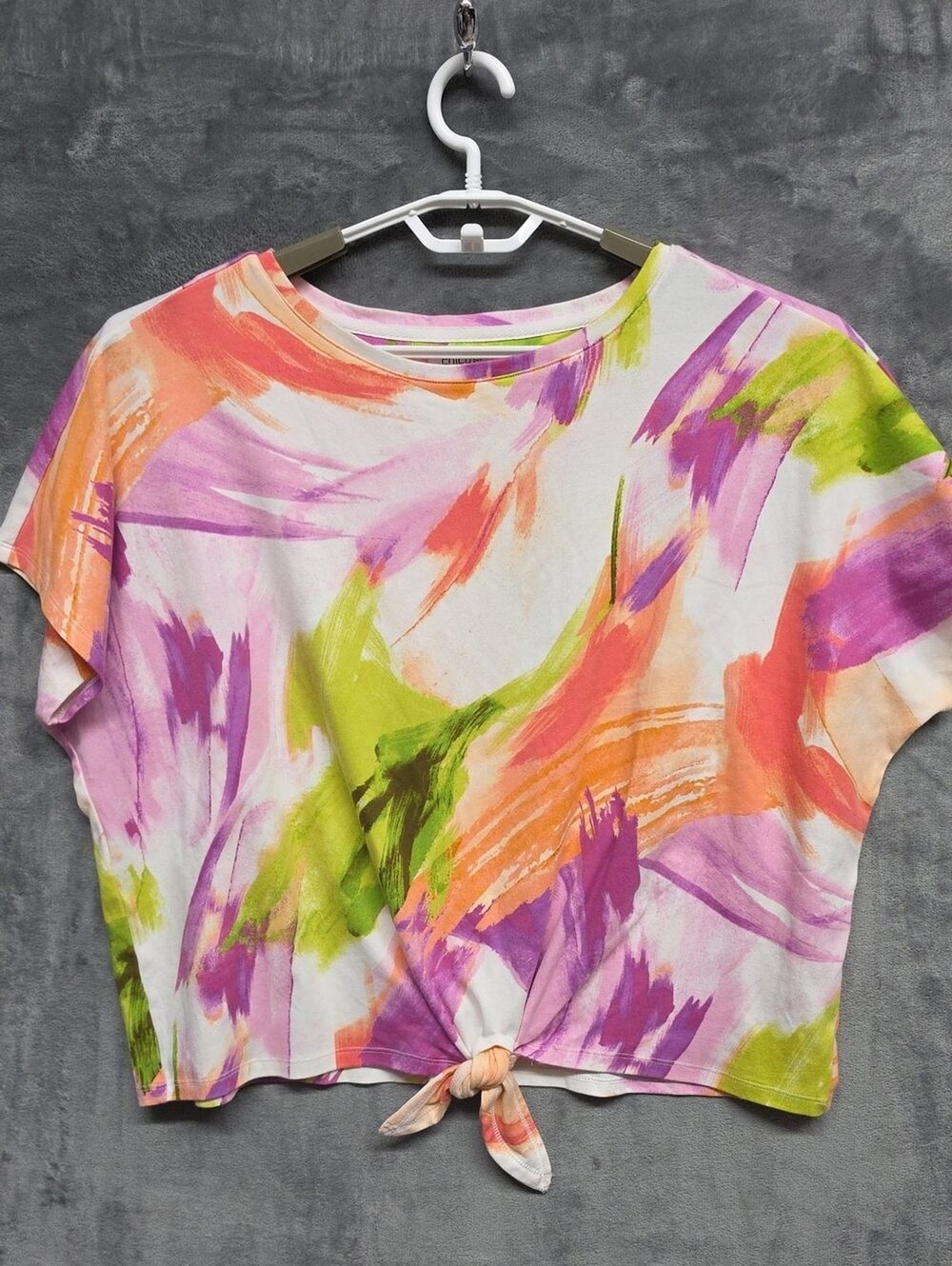 Chico's White Crop Tie-Front Top  Pink Orange Purple  Brushstrokes Sz 2(Lg)